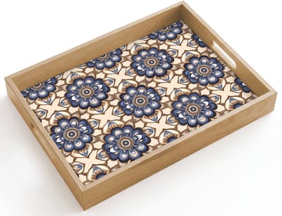 Dienblad hout 40x30 cm - Schootdienblad - Floraal - Ornament - Blauw - Borrelplank rechthoek - Plateau dienbladen