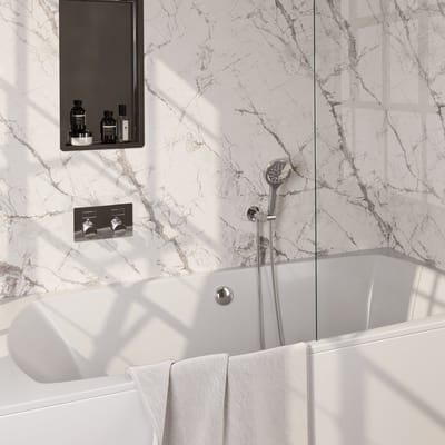 Brauer Chrome Carving thermostatische inbouw badkraan met drukknoppen SET 04 met badvulcombinatie en 3-standen handdouche en doucheslang en wandaansluitbocht chroom
