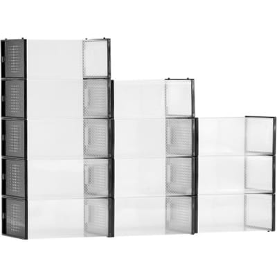 VEVOR Schoenenopbergdozen Stapelbare schoenendozen (12 stuks) Geschikt voor schoenen tot maat 11, Modulaire plastic schoenenorganizer voor het opbergen van hoge hakken, laarzen en hoeden, Zwart frame