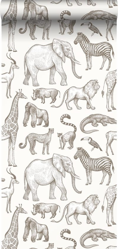 ESTAhome behang jungle dieren gebroken wit - 53 cm x 10.05 m - 139510