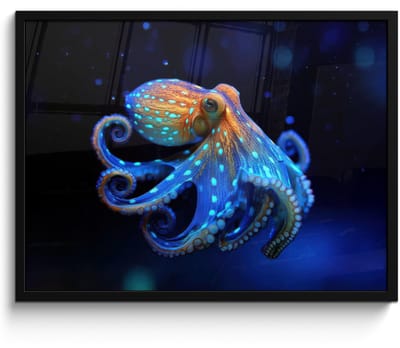 Poster in lijst - Fotolijst 80x60 cm - Posters - Octopus - Stippen - Blauw - Zee - Posterlijst zwart - Decoratie - Wanddecoratie woonkamer - Muurdecoratie slaapkamer