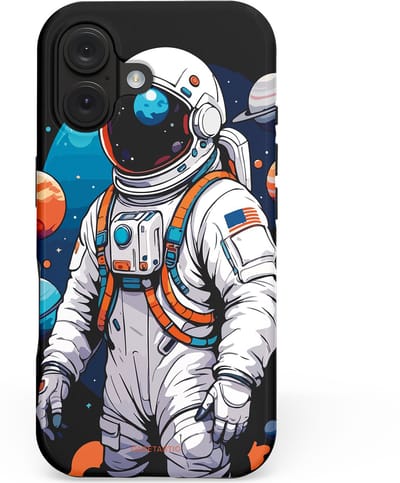 Casetastic hoesje geschikt voor Apple iPhone 16 - MagSafe - Dubbellaagse bescherming - Astronaut in space - Fashion Case - Zwart Grijs Donkerblauw
