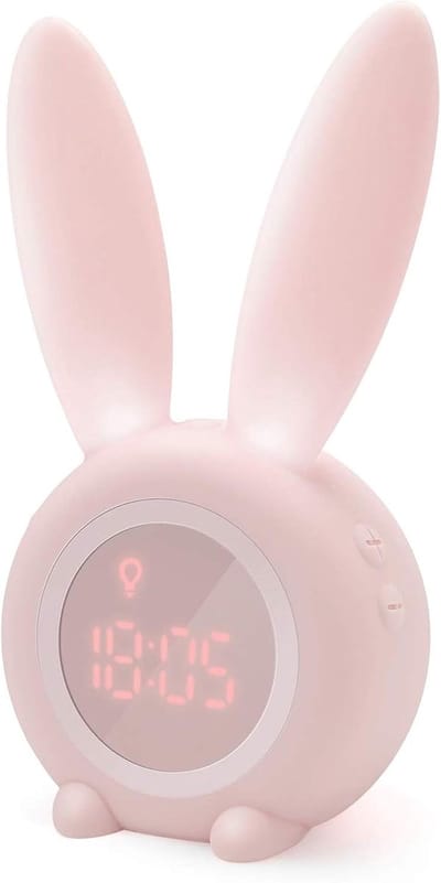 Oneay Cartoon konijnenwekker met ledverlichting, creatieve USB-oplaadbare nachtlamp, ingebouwde 6 beltonen, een geweldig cadeau voor studenten.