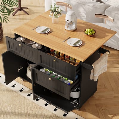 MEUNIQ Keukenkast met wielen 133 x 70 x 88 cm, keukeninsel en keukenwagen met opbergruimte, 3D kastdeuren, verstelbare steunpoten, zwart