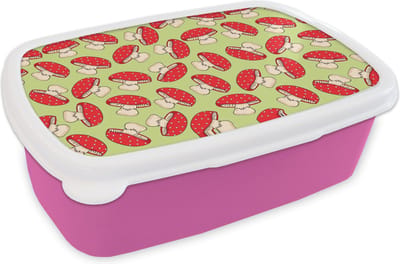 Broodtrommel Roze - Lunchbox - Brooddoos - Paddenstoel - Rood - Patronen - 18x12x6 cm - Kinderen - Meisje