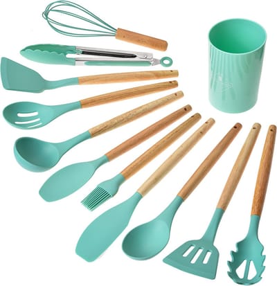 Clayre & Eef 12-delig Keukengerei met Organizer Ø 8x32 cm Groen Kunststof