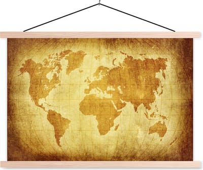 Wereldkaart Perkament Bruin schoolplaat platte latten blank 150x100 cm - Foto print op textielposter (wanddecoratie woonkamer/slaapkamer)