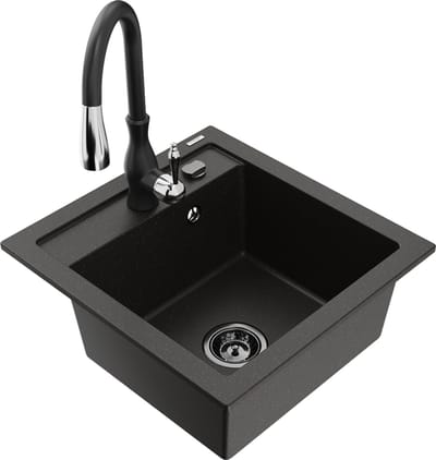 Mexen Vito granieten spoelbak met 1 bak en Savita keukenkraan, zwart/gouden metallic - 6503-75-672601-70-B