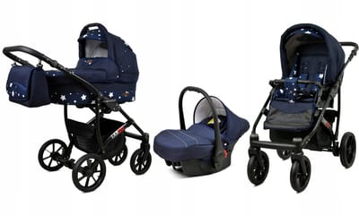 BabyLux® Kinderwagen 3in1 – LARGO - NAVY BLUE STAR BLACK FRAME - Opklapbare Wandelwagen incl. Reiswieg, Multifunctionele Buggy Sportstoel, Autostoel - Combi-kinderwagen met Luiertas, Regenhoes, Klamboe, Bekerhouder, etc.