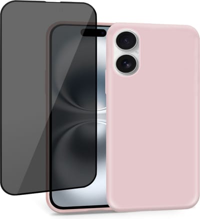 Geschikt voor Apple iPhone 16 - Hoesje + Privacy Screenprotector – Privé Gehard Glas Cover - Suède Case Rose