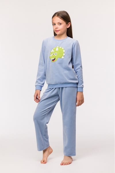 Woody pyjama meisjes/dames velours - lichtblauw - dino - 242-10-PDV-V/828 - maat 152