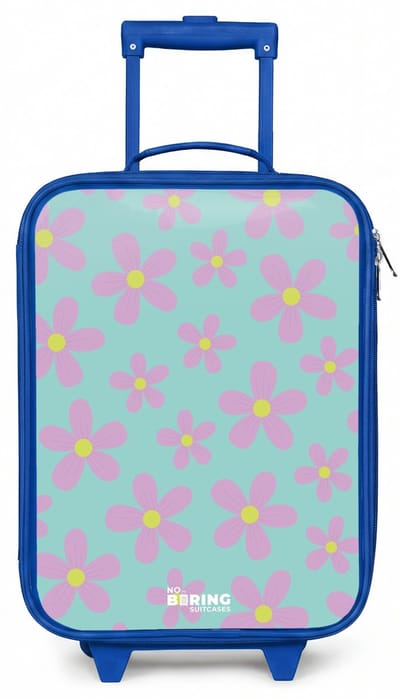 NoBoringSuitcases.com® - Kinderkoffer blauw - Kindertrolley jongen - Madeliefjesmania mint - Koffer kind lichtgewicht - Reiskoffer trolley voor kinderen - Koffertje met lichtgevende wieltjes - Rolkoffer