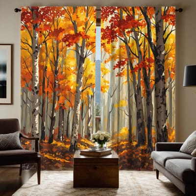 2 stuks HD Herfstbos esdoorn gordijn Gele band digitaal bedrukt gordijn Woondecoratiestijl Versier woonkamer slaapkamer W52H63inchW132H160cm orange