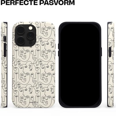Casetastic hoesje geschikt voor Apple iPhone 14 Pro Max - MagSafe - Dubbellaagse bescherming - Art Deco Creme Abstractie Lijntekening Gezichten - Fashion Case - Zilver Crème Wit