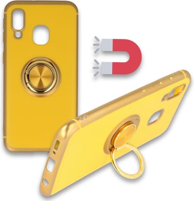 HB Hoesje Geschikt voor Samsung Galaxy A40 - Geel - Siliconen Back Cover met Ring Kickstand - Geschikt voor Magneet Houders