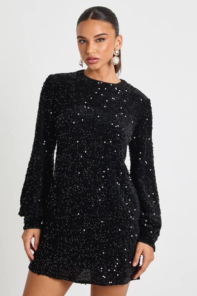 boohoo Dames Pailletten Blousonmouw Shift Feestjurk | Black | Maat: 10