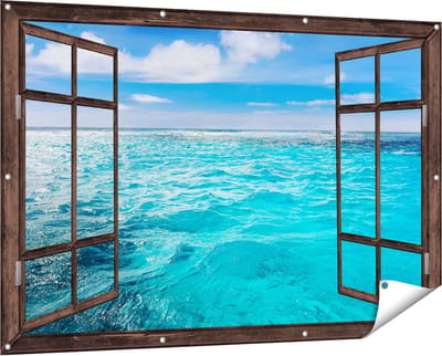 Gards Tuinposter Doorkijk Blauwe Caribische Zee Water - 150x100 cm - Tuindoek - Tuindecoratie - Wanddecoratie buiten - Tuinschilderij