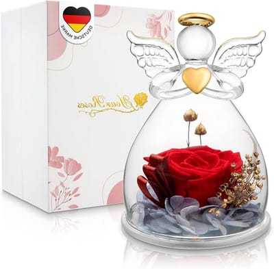 Glazen Roos Engel - Echte Roos Cadeau - Cadeau Geliefden - Meerdere Jaren Houdbaar - 10x12x16cm - Rood