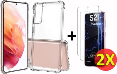 HB Hoesje Geschikt voor Samsung Galaxy S21 Plus - Transparant - Anti Shock Hybrid Back Cover + 2X Glazen Screenprotector
