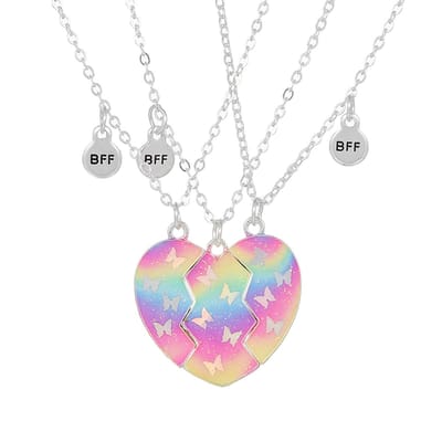 Bixorp Friends BFF Ketting voor 3 met Regenboog Vlinders Hart - Zilverkleurig - Vriendschapsketting voor drie