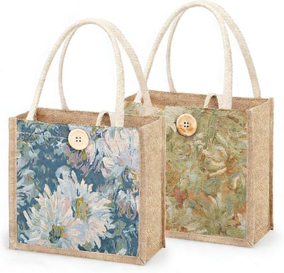Kleine herbruikbare jute boodschappentassen, 2 stuks, ideaal voor winkelen, reizen en als cadeau