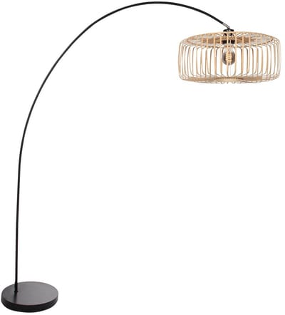 Vloerlampen Zwarte booglamp Solva 4156ZW met naturel bamboe kap, 185 cm hoog, kantelbaar, trendy design, Mexlite