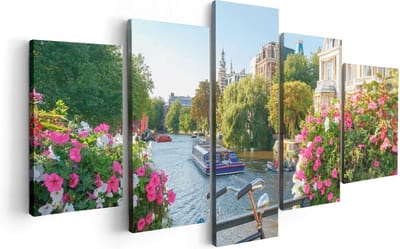 Artaza Canvas Schilderij Vijfluik Amsterdamse Kanaal Met Bloemen - 100x50 - Foto Op Canvas - Canvas Print