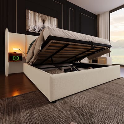 REDOM Opbergbed 180x200 cm – Linnen – Hydraulisch – Leeslamp & USB/Type-C – Beige – 226 kg