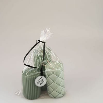 Branded By - Cadeau giftset- Set/ 3 stompkaarsen - Sea Green met patroon - 9 / 11 / 14cm