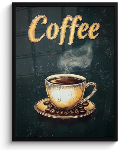 Poster in lijst - Fotolijst 50x70 cm - Posters - Koffie - Schotel - Koffiebonen - Retro - Posterlijst zwart - Decoratie - Wanddecoratie woonkamer - Muurdecoratie slaapkamer