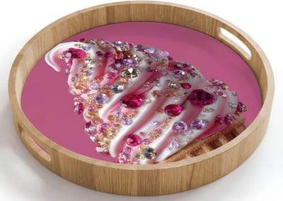 Dienblad rond 40x40 cm - Schootdienblad hout - Softijs - Edelstenen - Roze - Hoorntje - Borrelplank rechthoek - Plateau houten dienbladen