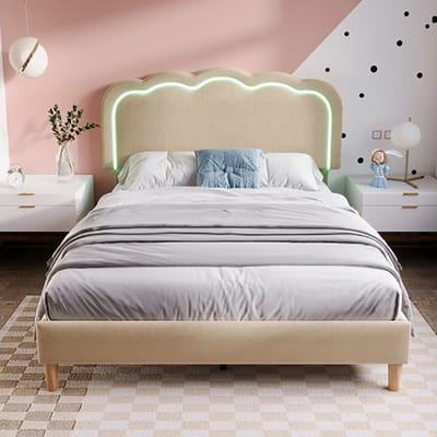 KOMHTOM Eenpersoonsbed Bed LED volwassenen 90x190 cm met lattenbodem en verstelbaar hoofdeinde gestoffeerd bed beige