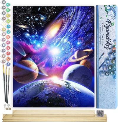 Figured'Art Schilderen op Nummer Volwassenen canvas Planetaire Systeem - Handwerk acrylverf Kit DIY Compleet - 40x50cm met DIY houten lijst