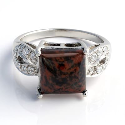 Cavill - Zilveren Ring met Mahonie Obsidiaan 4,49 ct - 925 Sterling Zilver - 14 Zirkonia 0,52 ct - Elegante Cabochon Ringen Dames
