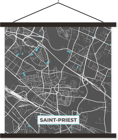 Posterhanger incl. Poster 60x60 cm - Schoolplaat - Saint-Priest - Frankrijk - Plattegrond - Kaart - Stadskaart - Textielposter - Zwarte latten - Stadskaart