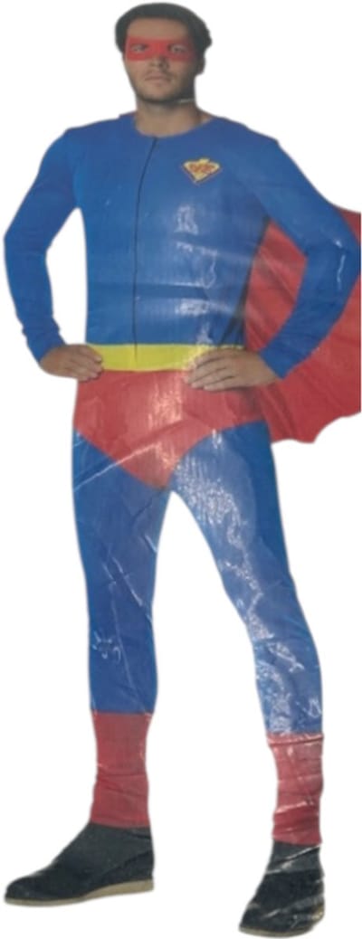 Kinky Superhero Kostuum – Strak Blauw Pak met Rode Cape & Masker – L