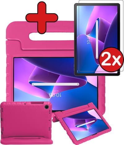 Hoesje - Geschikt voor Lenovo Tab M10 Plus (3e / 3rd Generatie) - Met 2x Screenprotector - Kinderhoes - Shockproof Bumper - Kidsproof Case - Tablethoes - Kinder Hoes Cover - Roze