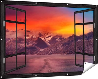 Gards Tuinposter Doorkijk Meer bij de Bergen bij Zonsondergang - 150x100 cm - Tuindoek - Tuindecoratie - Wanddecoratie buiten - Tuinschilderij