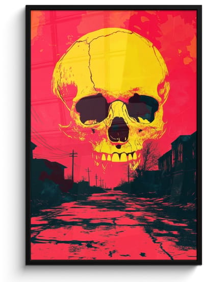 Poster in lijst - Fotolijst 80x120 cm - Posters - Straat - Verlaten - Schedel - Geel - Posterlijst zwart - Decoratie - Wanddecoratie woonkamer - Muurdecoratie slaapkamer