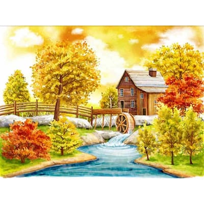 Peinture diamant 5D avec paysage de maison d'arbre d'automne, broderie au point de croix 20X30CM yellow