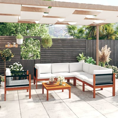 vidaXL - 7-delige - tuinloungeset - met - kussens - crèmekleurig - acaciahout - en - touw