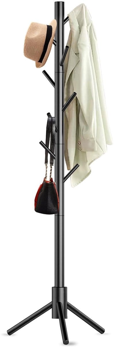 Unyqoos® Vrijstaande Kapstok – Grenenhout – 8 Haken – Verstelbare Hoogte – Ruimtebesparend – Tot 15 kg Draagkracht – Voor Hal, Slaapkamer, Kinderkamer of Woonkamer