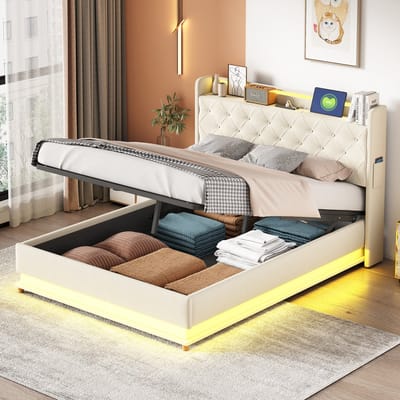Wishdor LED-Boxspringbed 140x200 cm – Meerkleurige LED – USB-Laadaansluiting – Hydraulische Opbergruimte – Linnen – Beige