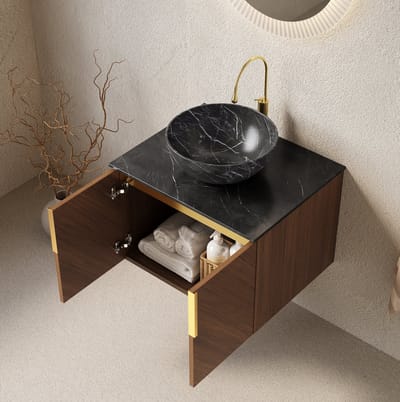 HAUSS SPOLE Badkamerkast - Wandgemonteerd Wastafelmeubel Met Keramische Kom En 2 Deuren - Badkamer - Bruin Eiken En Zwart - 61x50x55,1 Cm