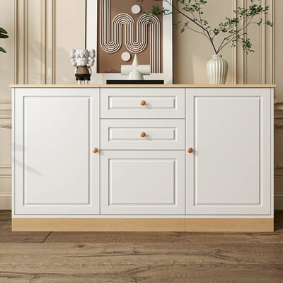 MODFU Opbergkast 135,5x39x76 cm van spaanplaat, met deuren en lades, wit/houtlook