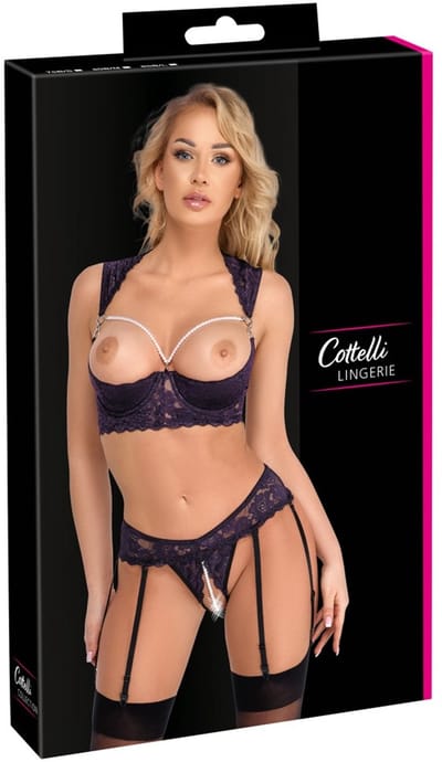 Longline Jarretel Set Open Kruis met Parels