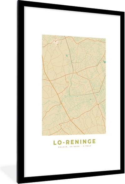 Fotolijst incl. Poster - België - Lo-Reninge - Plattegrond - Kaart - Stadskaart - 80x120 cm - Posterlijst