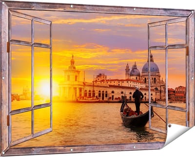 Gards Tuinposter Doorkijk Gondel in Venetië voor het Basiliek - 150x100 cm - Tuindoek - Tuindecoratie - Wanddecoratie buiten - Tuinschilderij