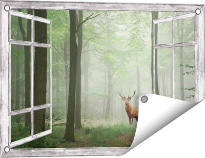 Gards Tuinposter Doorkijk Hert in Bos - 60x40 cm - Tuindoek - Tuindecoratie - Wanddecoratie buiten - Tuinschilderij