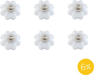 Clayre & Eef Deurknop set van 6 stuks Ø 4 cm Wit Zilverkleurig Keramiek Meubelknop
